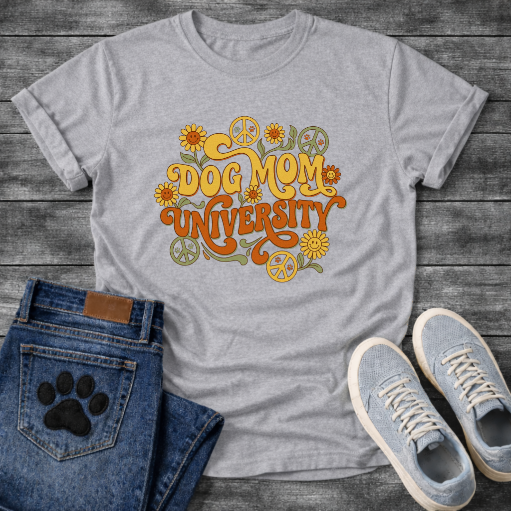 Dog Mom University retro groovy floral funny dog parent shirt