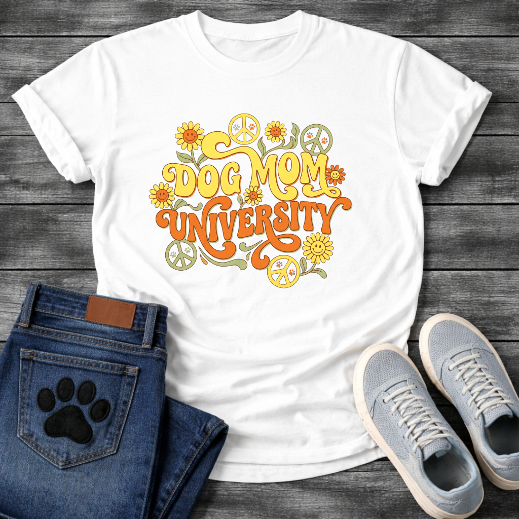 Dog Mom University retro groovy floral funny dog parent shirt
