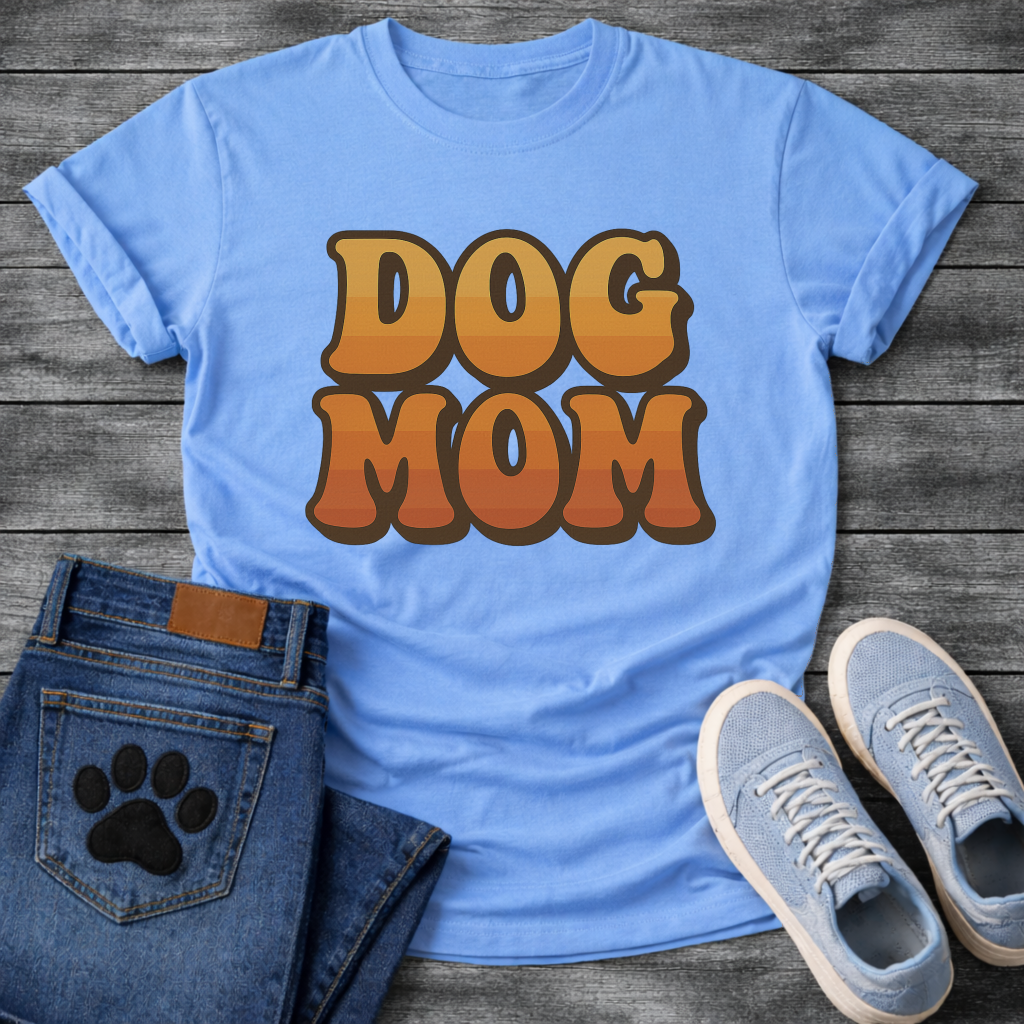 Retro dog mom shirt with groovy 70s style lettering for pet lovers