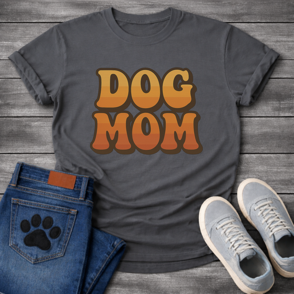 Retro dog mom shirt with groovy 70s style lettering for pet lovers
