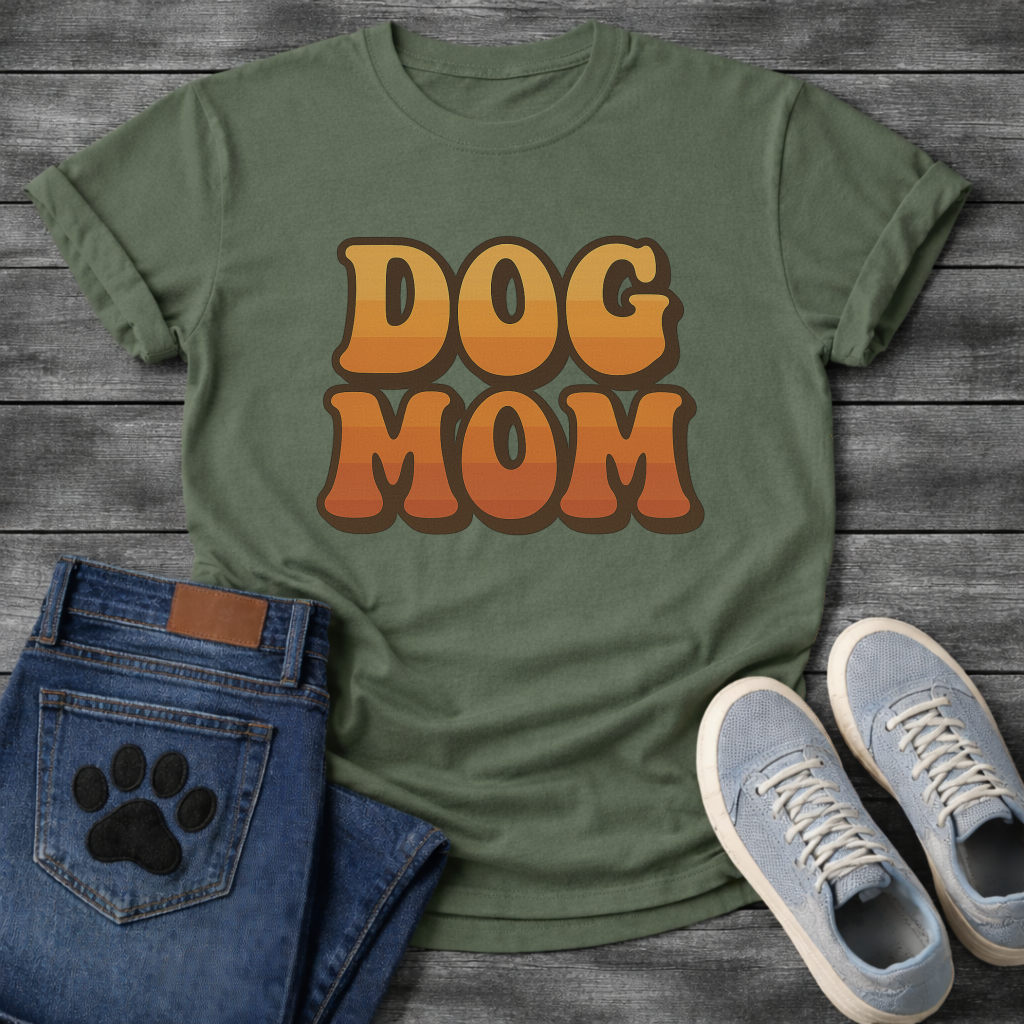 Retro dog mom shirt with groovy 70s style lettering for pet lovers