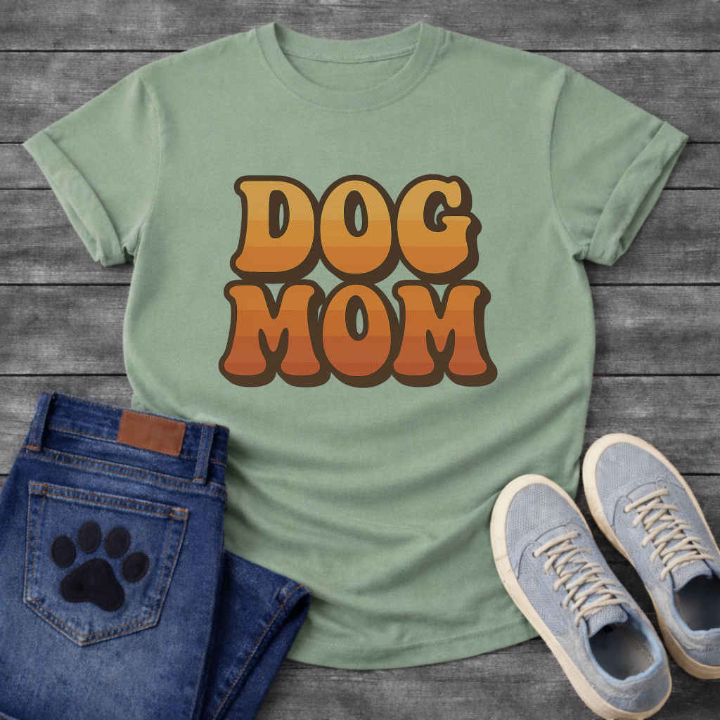 Retro dog mom shirt with groovy 70s style lettering for pet lovers