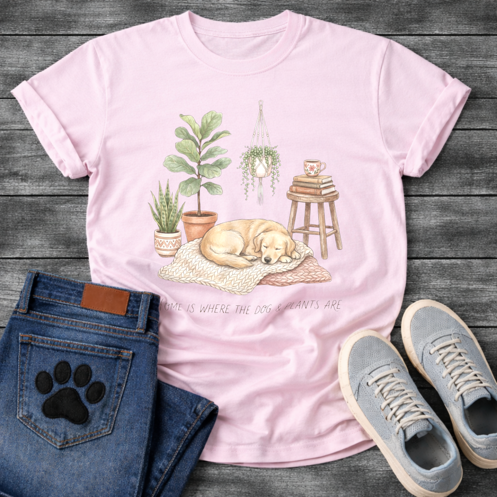 Home is where the dog and plants are shirt for pet and plant lovers