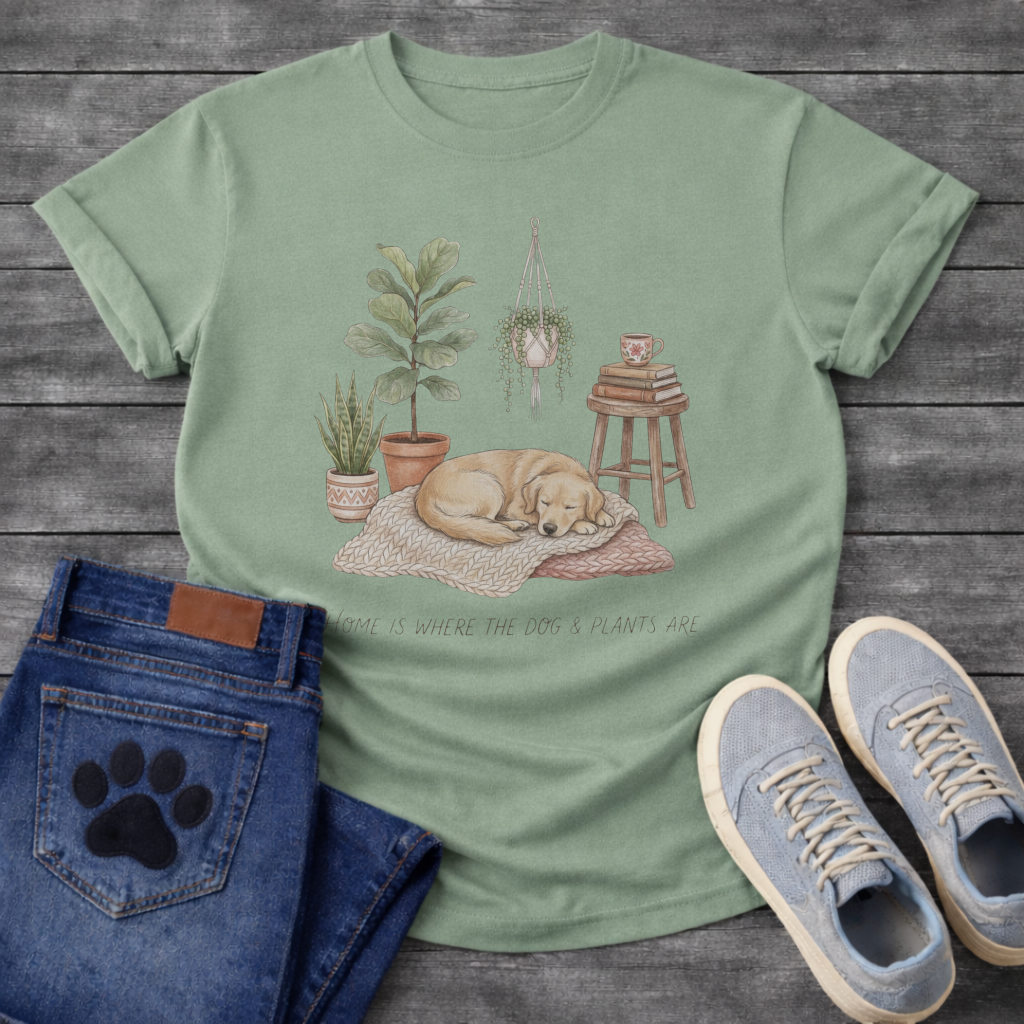 Home is where the dog and plants are shirt for pet and plant lovers