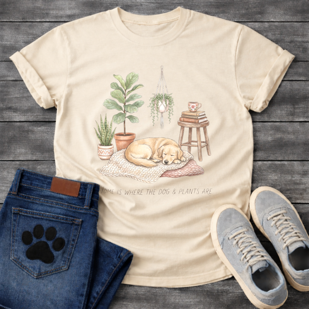 Home is where the dog and plants are shirt for pet and plant lovers