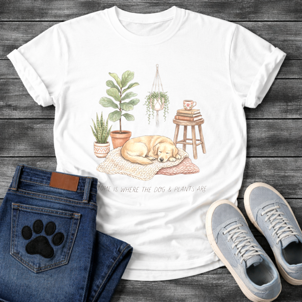 Home is where the dog and plants are shirt for pet and plant lovers
