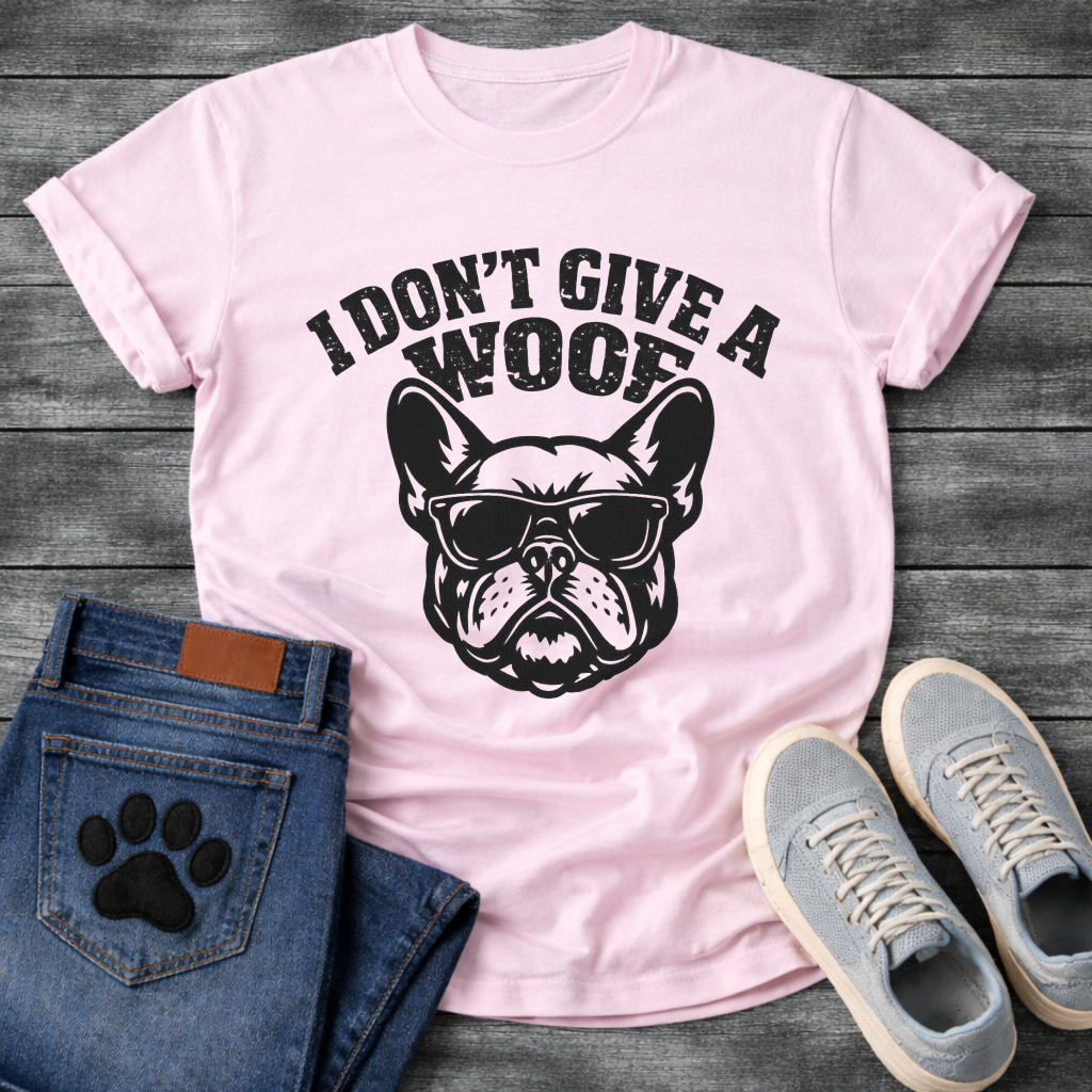 I Don't Give A Woof funny dog shirt white French Bulldog sunglasses pet lover tee