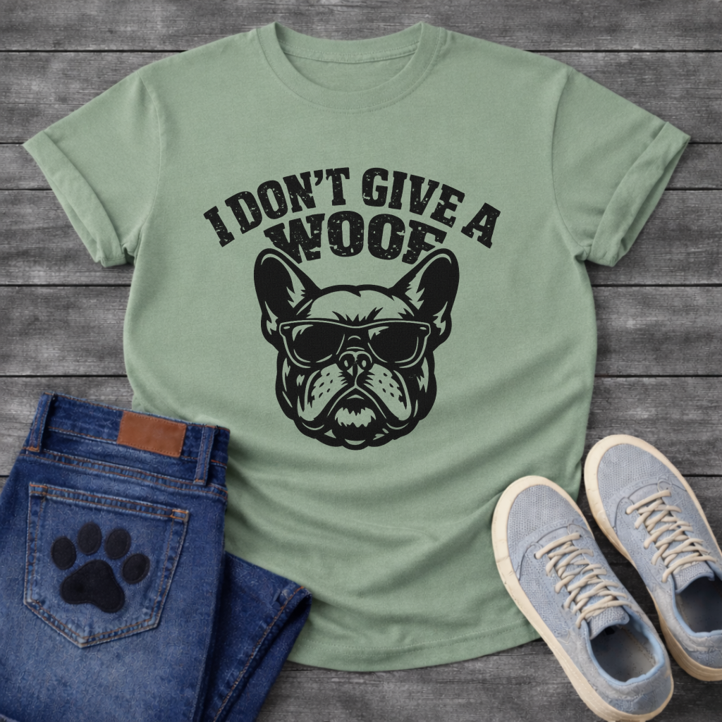 I Don't Give A Woof funny dog shirt white French Bulldog sunglasses pet lover tee