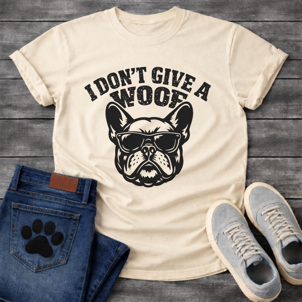 I Don't Give A Woof funny dog shirt white French Bulldog sunglasses pet lover tee