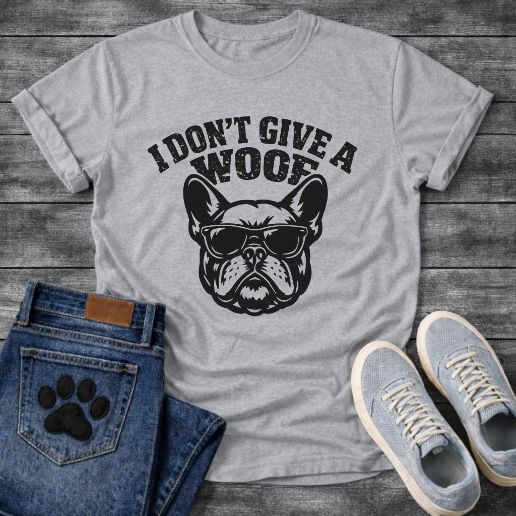 I Don't Give A Woof funny dog shirt white French Bulldog sunglasses pet lover tee