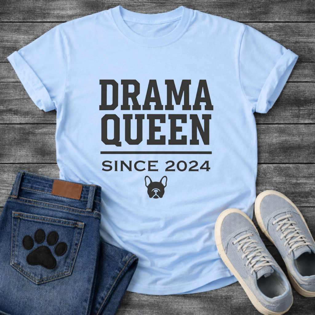 Drama Queen Since 2024 French Bulldog graphic t-shirt black text on sand
