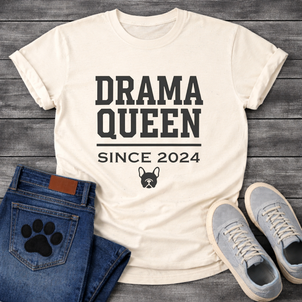 Drama Queen Since 2024 French Bulldog graphic t-shirt black text on sand
