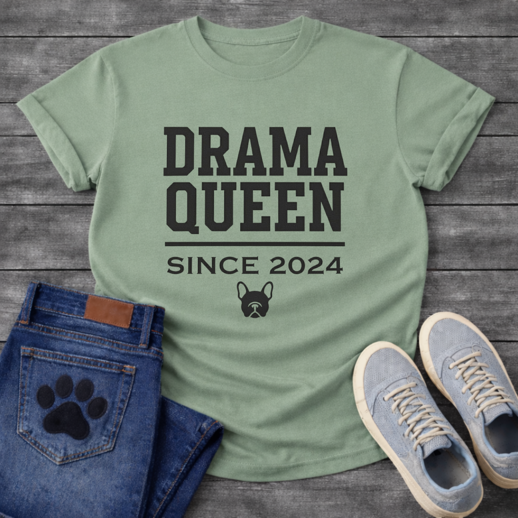 Drama Queen Since 2024 French Bulldog graphic t-shirt black text on sand
