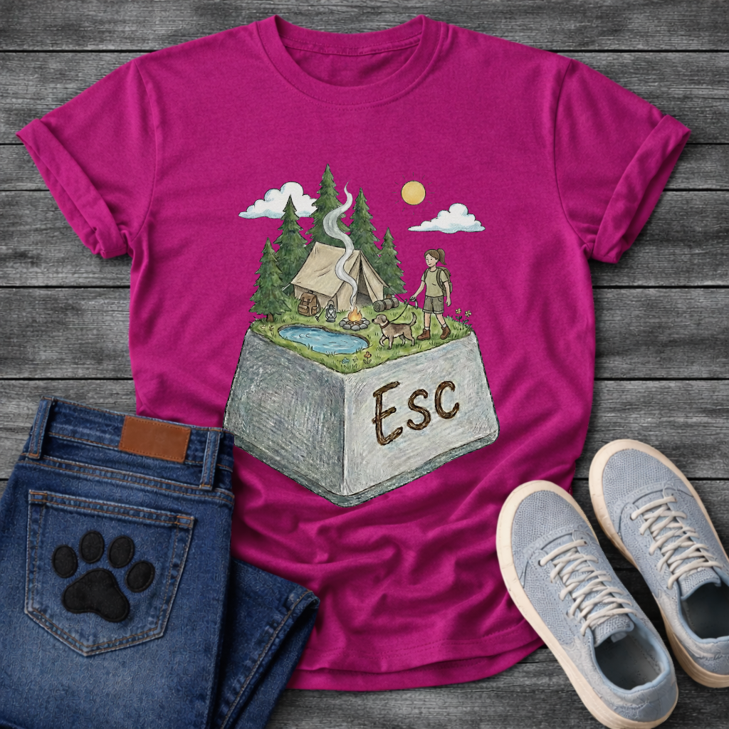 ESC Key Campground Girl walking dog funny camping shirt for pet owners