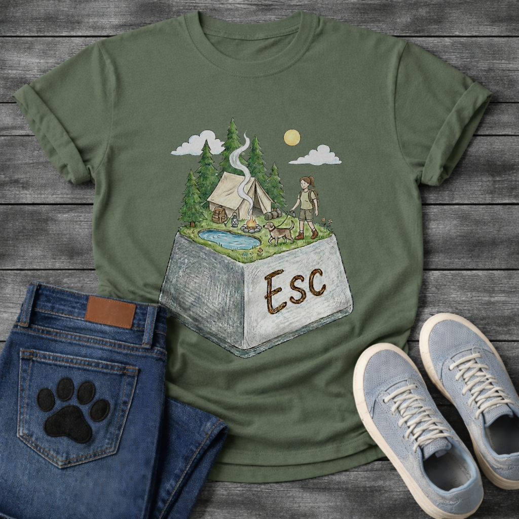 ESC Key Campground Girl walking dog funny camping shirt for pet owners
