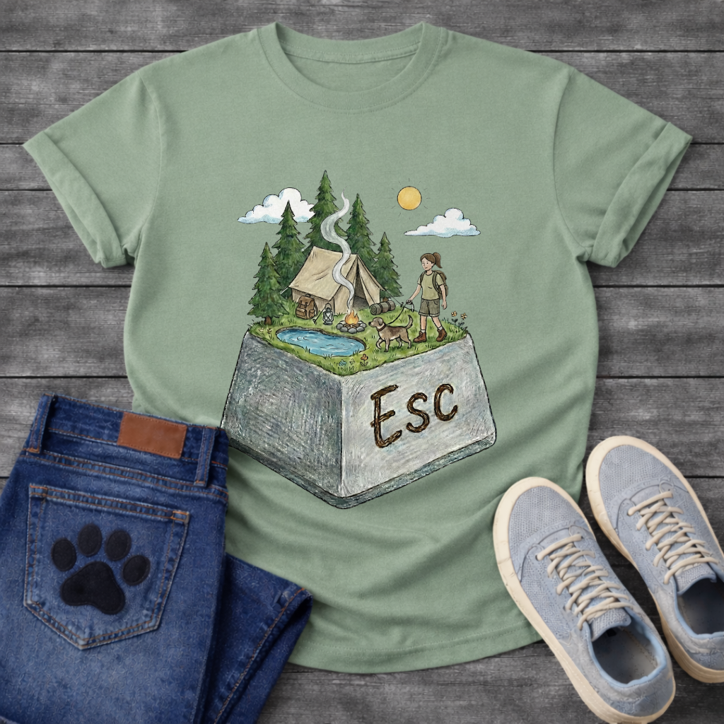 ESC Key Campground Girl walking dog funny camping shirt for pet owners