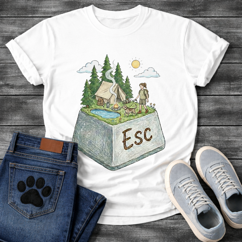 ESC Key Campground Girl walking dog funny camping shirt for pet owners