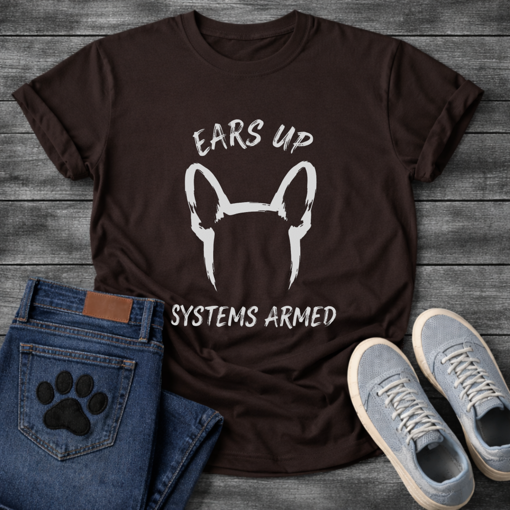 French Bulldog bat ears silhouette from behind with Ears Up Systems Armed typography graphic tee