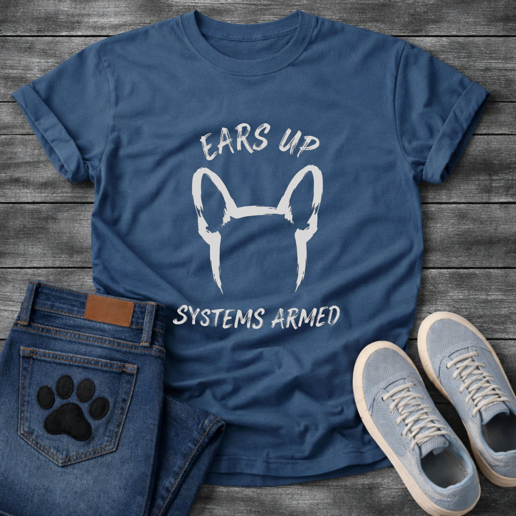 French Bulldog bat ears silhouette from behind with Ears Up Systems Armed typography graphic tee