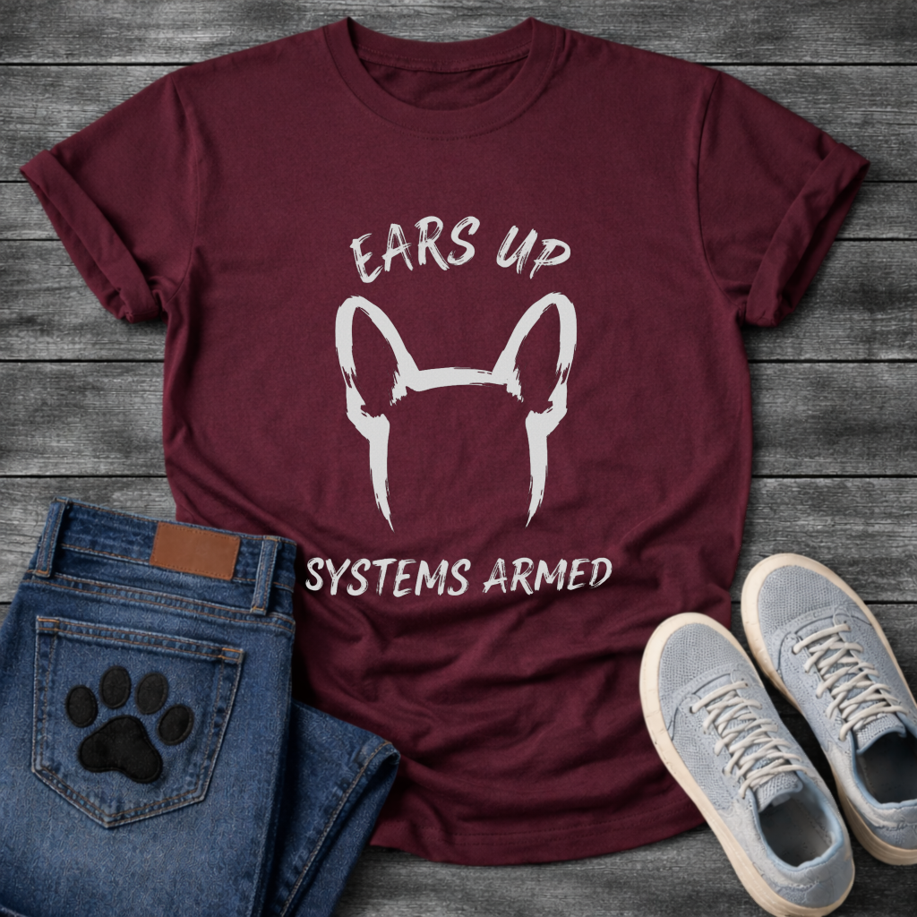 French Bulldog bat ears silhouette from behind with Ears Up Systems Armed typography graphic tee