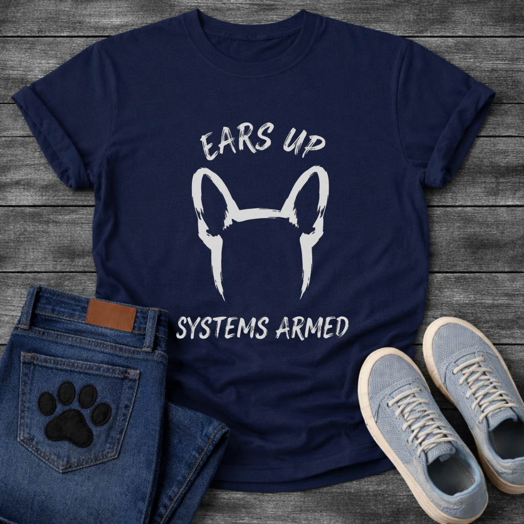 French Bulldog bat ears silhouette from behind with Ears Up Systems Armed typography graphic tee