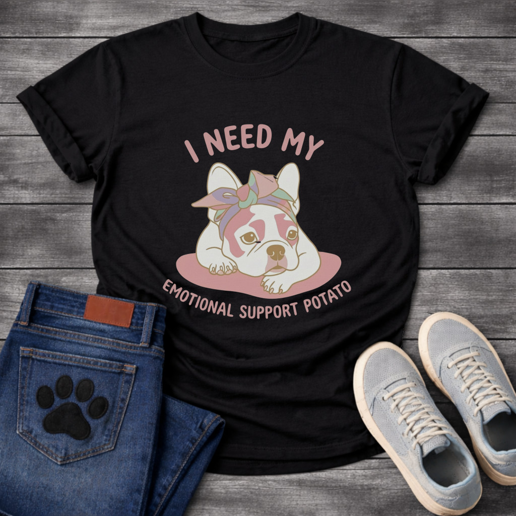 French Bulldog with bandana lying down with I Need My Emotional Support Potato typography graphic tee
