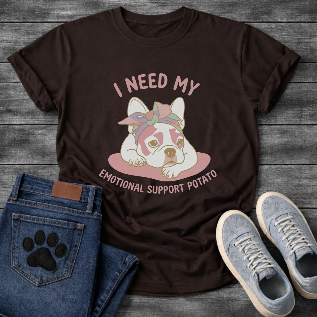 French Bulldog with bandana lying down with I Need My Emotional Support Potato typography graphic tee