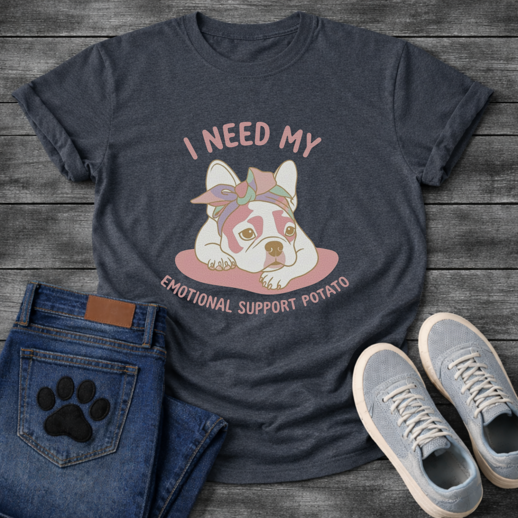 French Bulldog with bandana lying down with I Need My Emotional Support Potato typography graphic tee