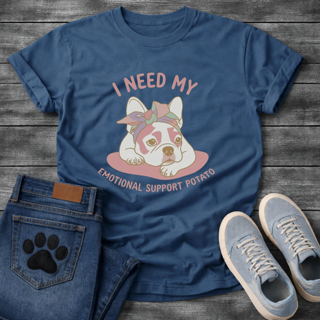 French Bulldog with bandana lying down with I Need My Emotional Support Potato typography graphic tee
