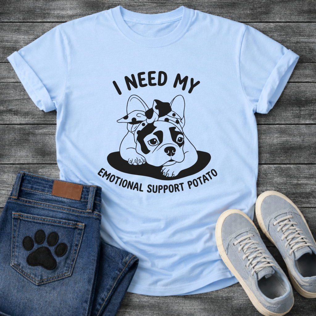 French Bulldog with bandana bow lounging with I Need My Emotional Support Potato arc typography full front graphic tee

