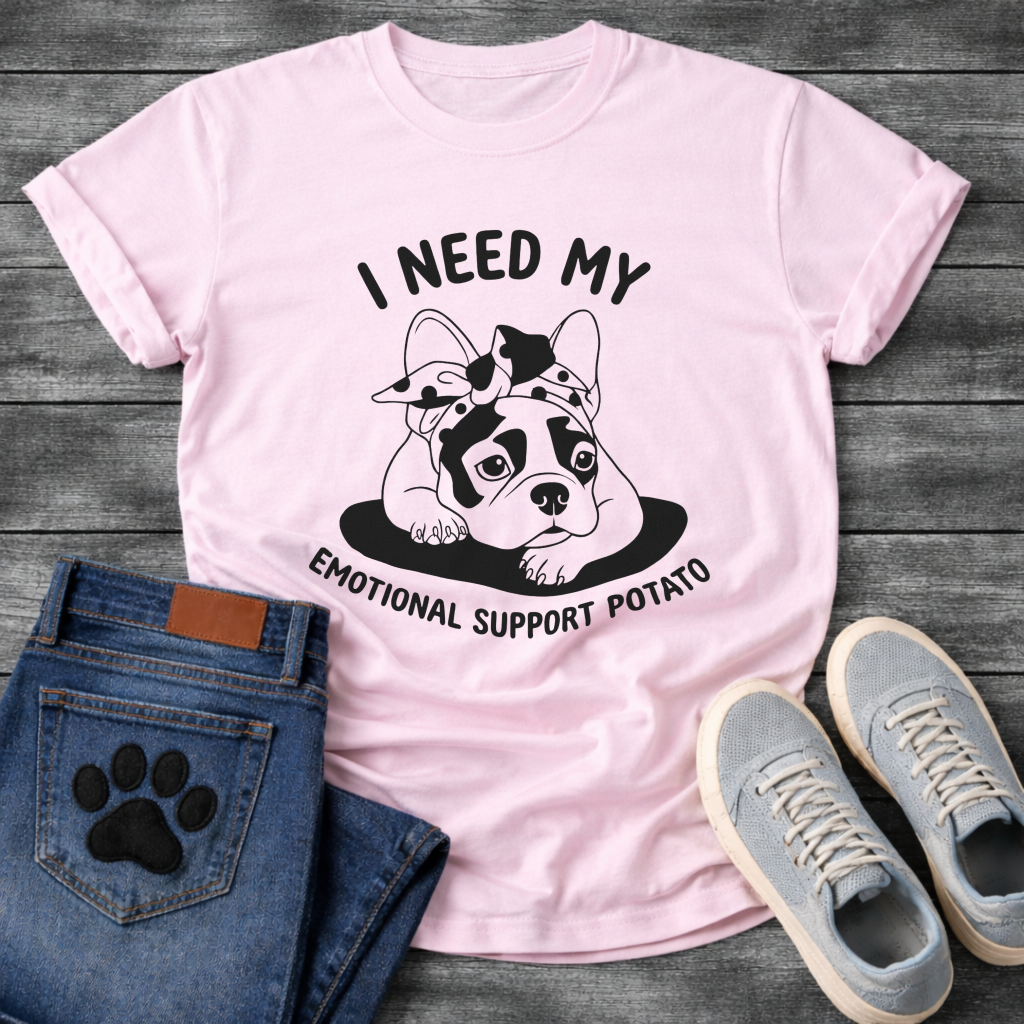 French Bulldog with bandana bow lounging with I Need My Emotional Support Potato arc typography full front graphic tee
