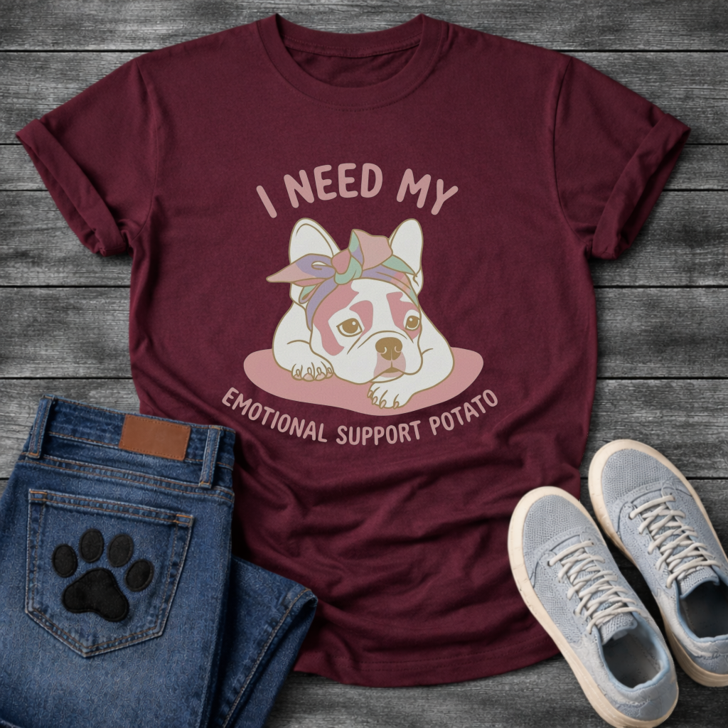 French Bulldog with bandana lying down with I Need My Emotional Support Potato typography graphic tee