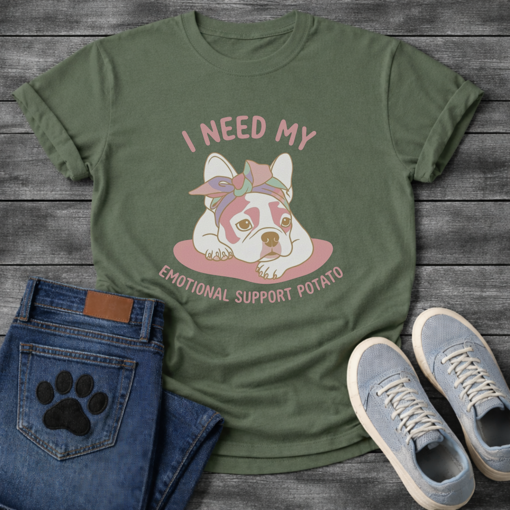 French Bulldog with bandana lying down with I Need My Emotional Support Potato typography graphic tee