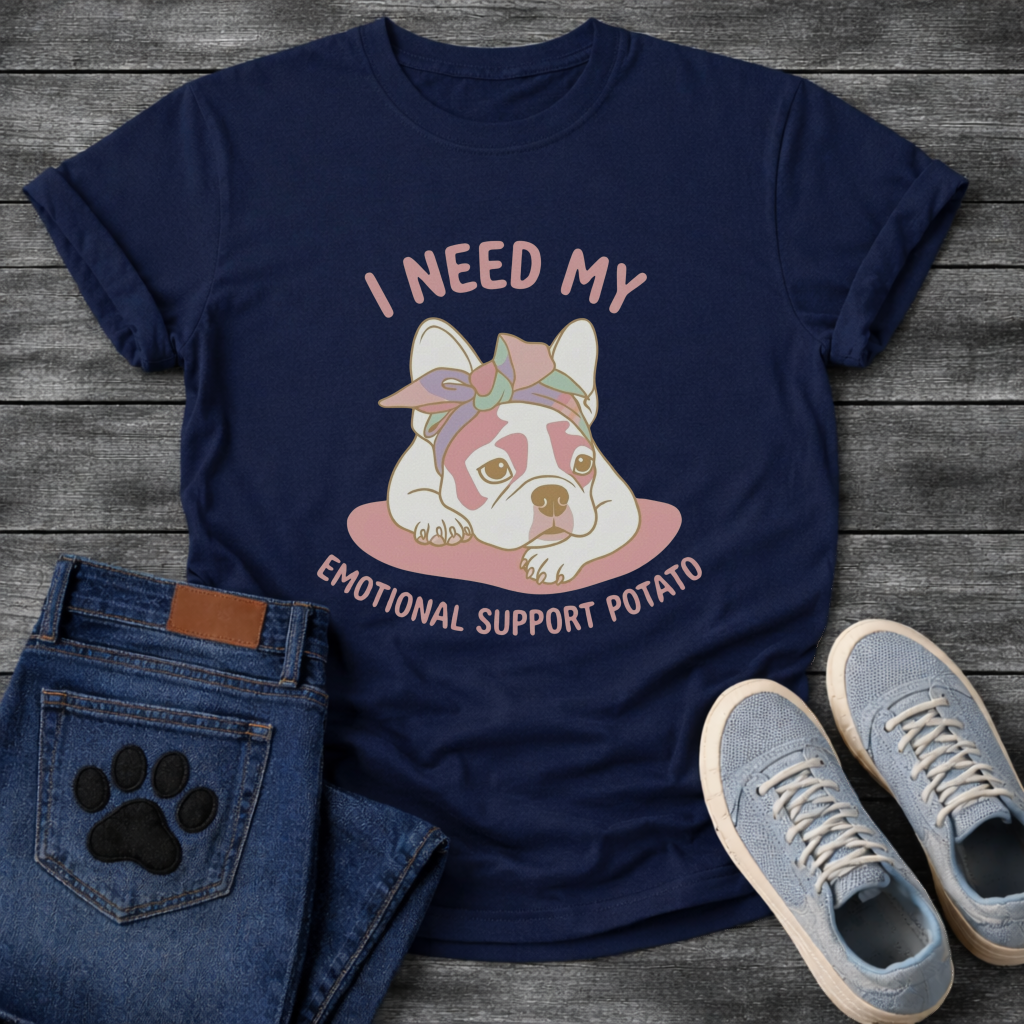 French Bulldog with bandana lying down with I Need My Emotional Support Potato typography graphic tee