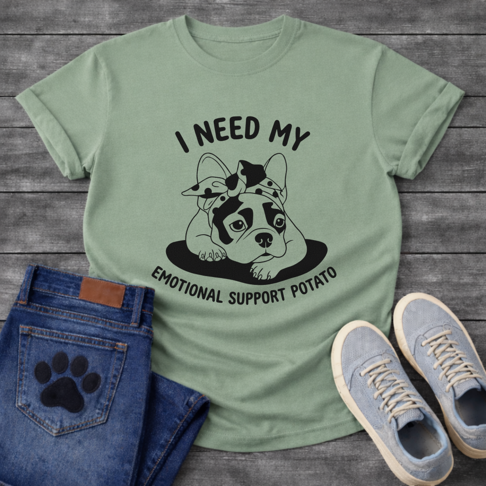 French Bulldog with bandana bow lounging with I Need My Emotional Support Potato arc typography full front graphic tee
