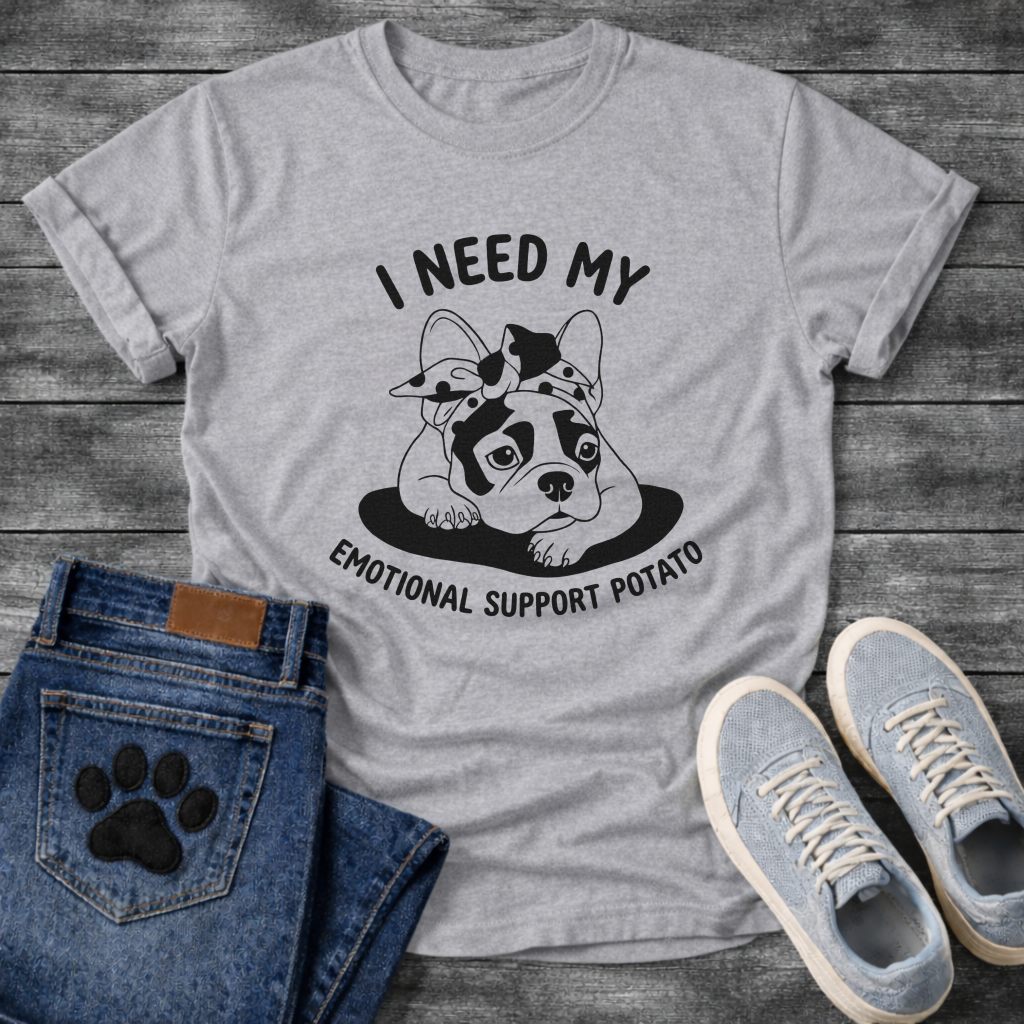 French Bulldog with bandana bow lounging with I Need My Emotional Support Potato arc typography full front graphic tee
