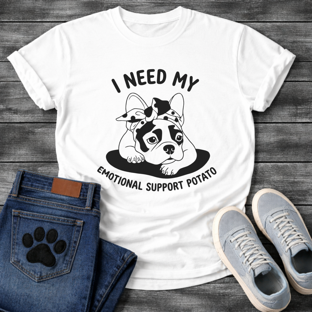 French Bulldog with bandana bow lounging with I Need My Emotional Support Potato arc typography full front graphic tee
