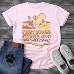 French Bulldog in zoomie stance with First Comes Stance Then Comes Zoomies retro typography graphic tee

