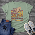 French Bulldog in zoomie stance with First Comes Stance Then Comes Zoomies retro typography graphic tee

