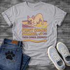 French Bulldog in zoomie stance with First Comes Stance Then Comes Zoomies retro typography graphic tee

