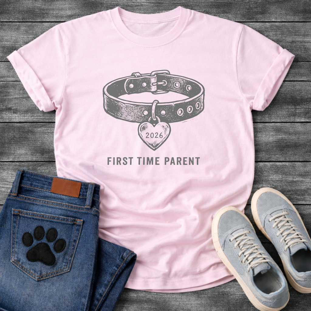 First Time Frenchie Parent 2026 dog collar heart graphic dog mom shirt tee