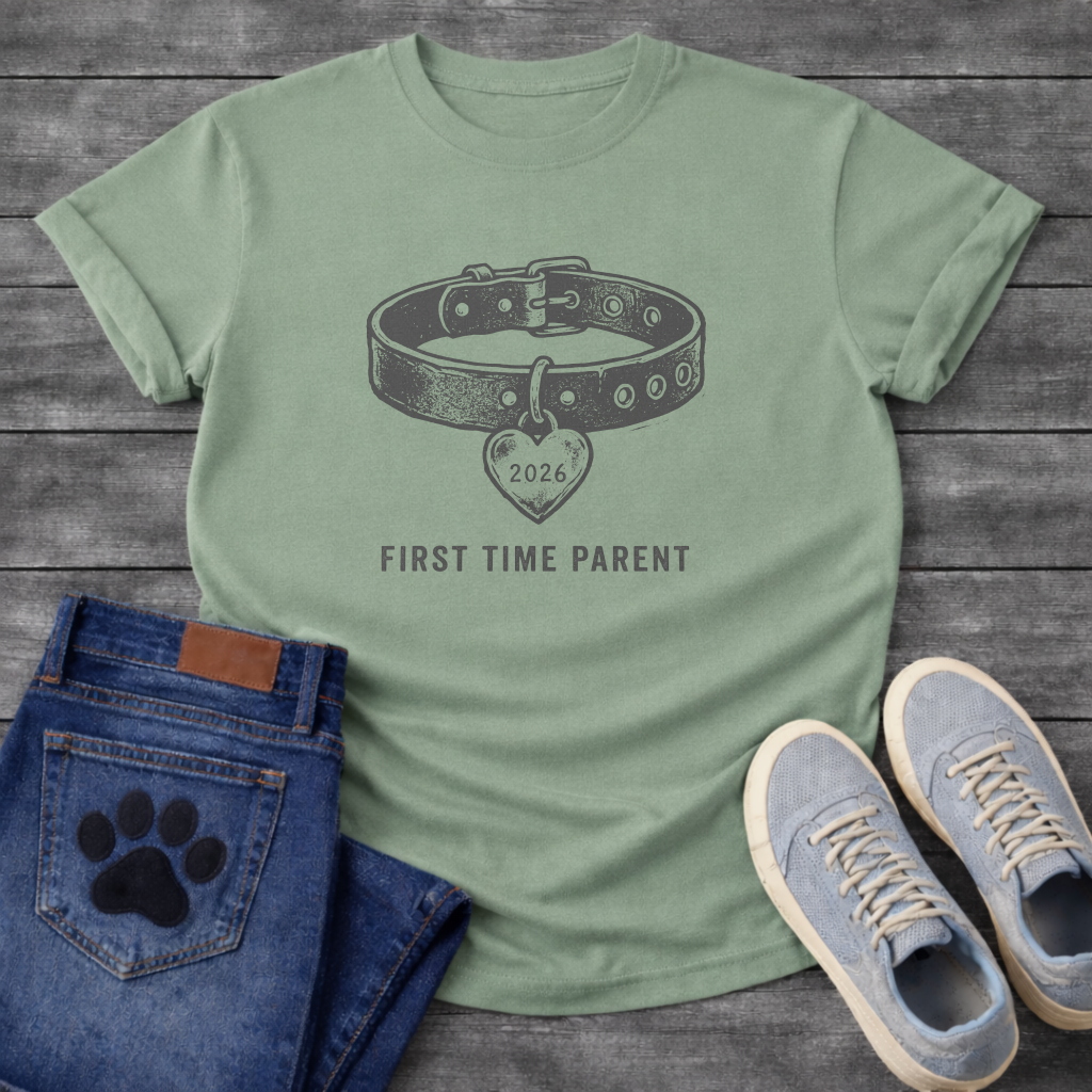 First Time Frenchie Parent 2026 dog collar heart graphic dog mom shirt tee