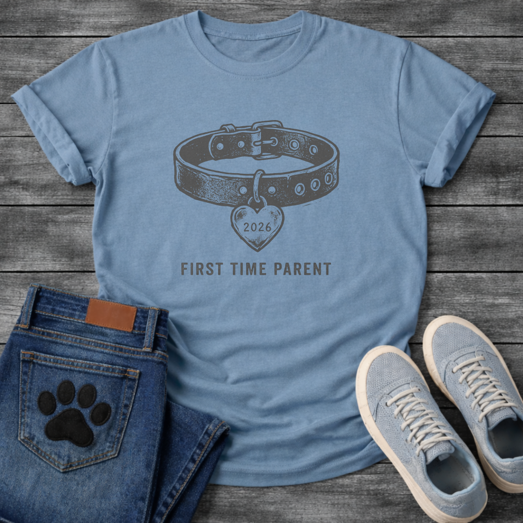 First Time Frenchie Parent 2026 dog collar heart graphic dog mom shirt tee