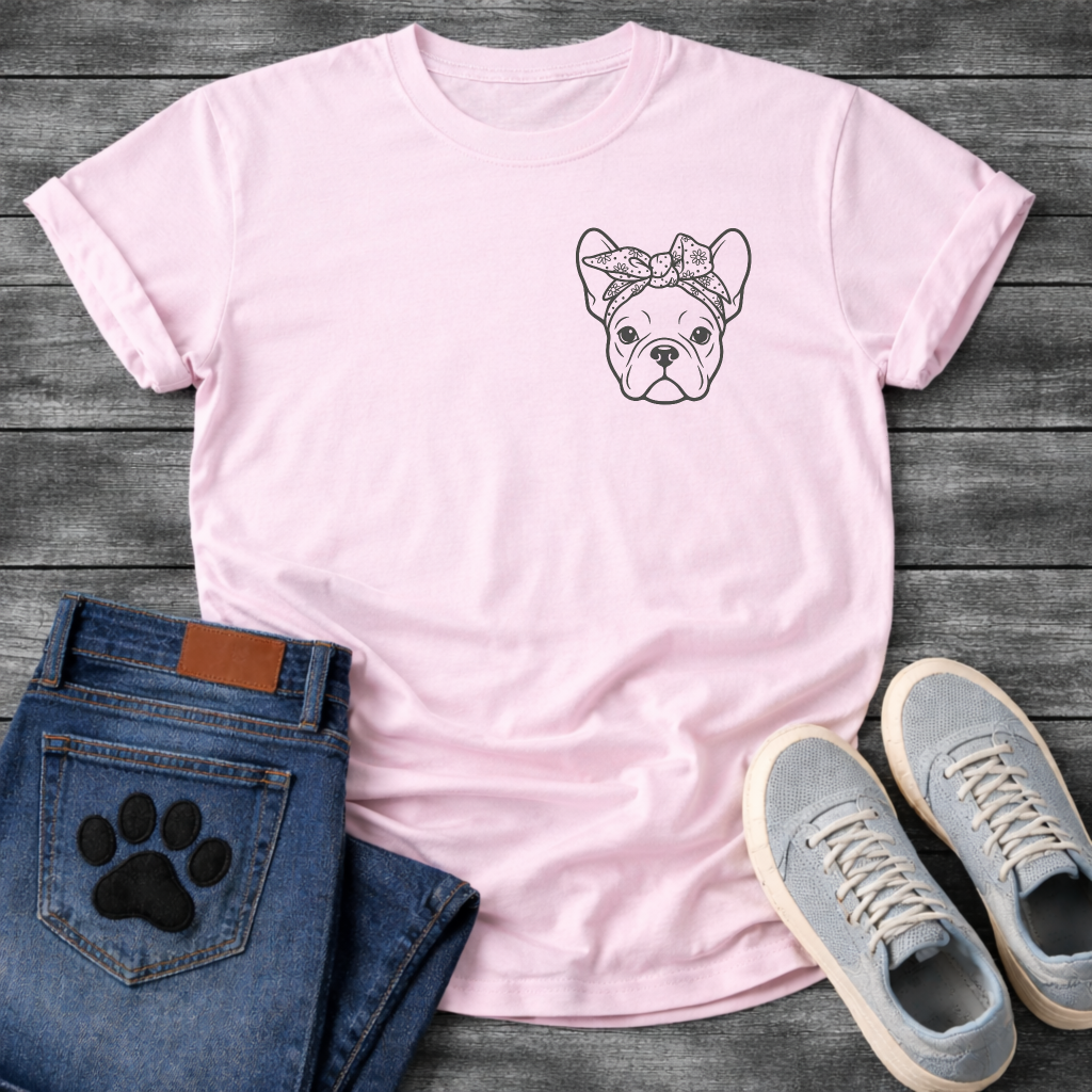 French Bulldog face with floral bandana bow line art pocket graphic tee