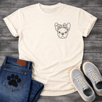 French Bulldog face with floral bandana bow line art pocket graphic tee