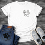 French Bulldog face with floral bandana bow line art pocket graphic tee