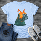 Frenchie double exposure forest sunset portrait silhouette t-shirt sage orange teal pet lover apparel
