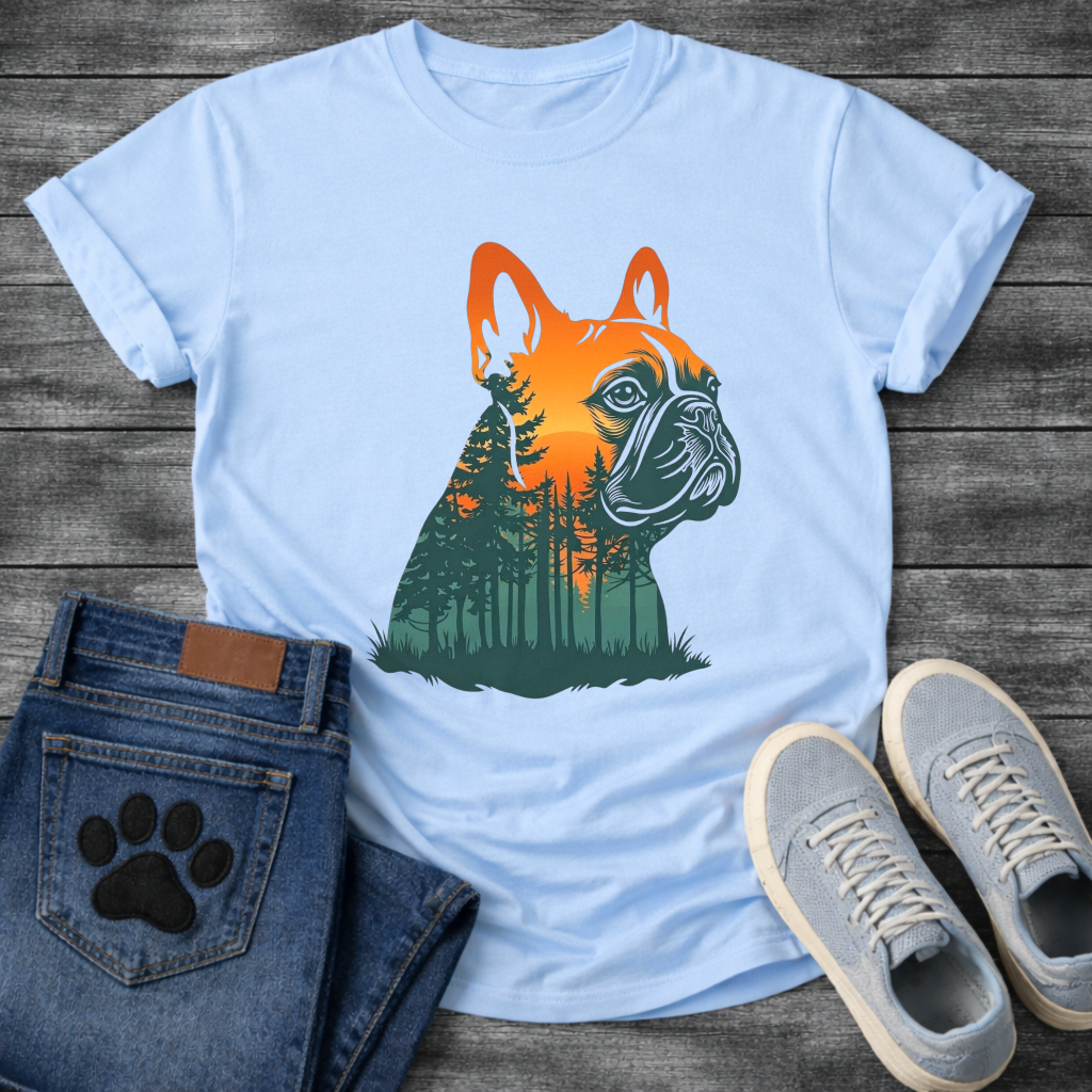 Frenchie double exposure forest sunset portrait silhouette t-shirt sage orange teal pet lover apparel