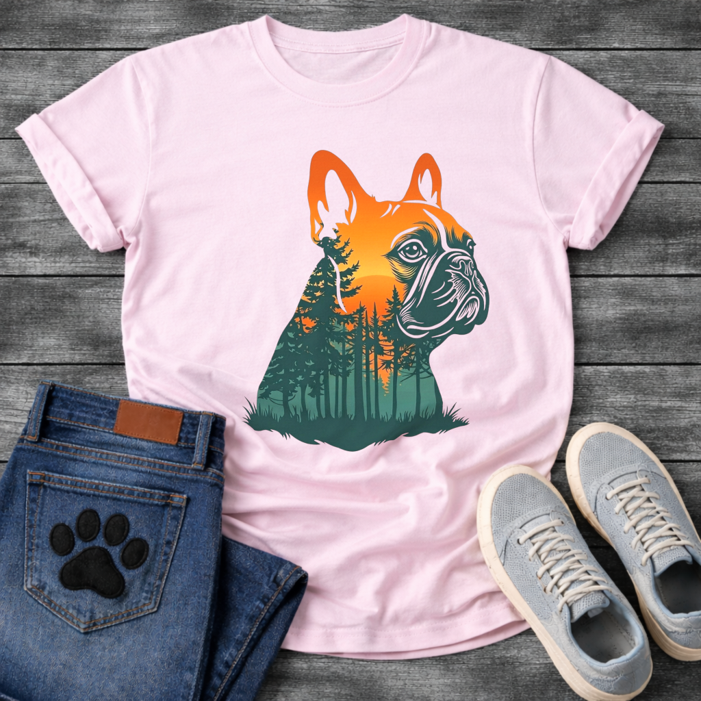 Frenchie double exposure forest sunset portrait silhouette t-shirt sage orange teal pet lover apparel