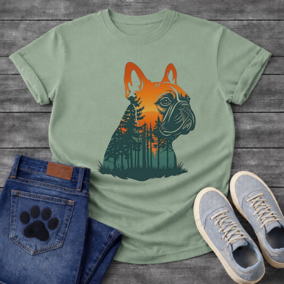 Frenchie double exposure forest sunset portrait silhouette t-shirt sage orange teal pet lover apparel